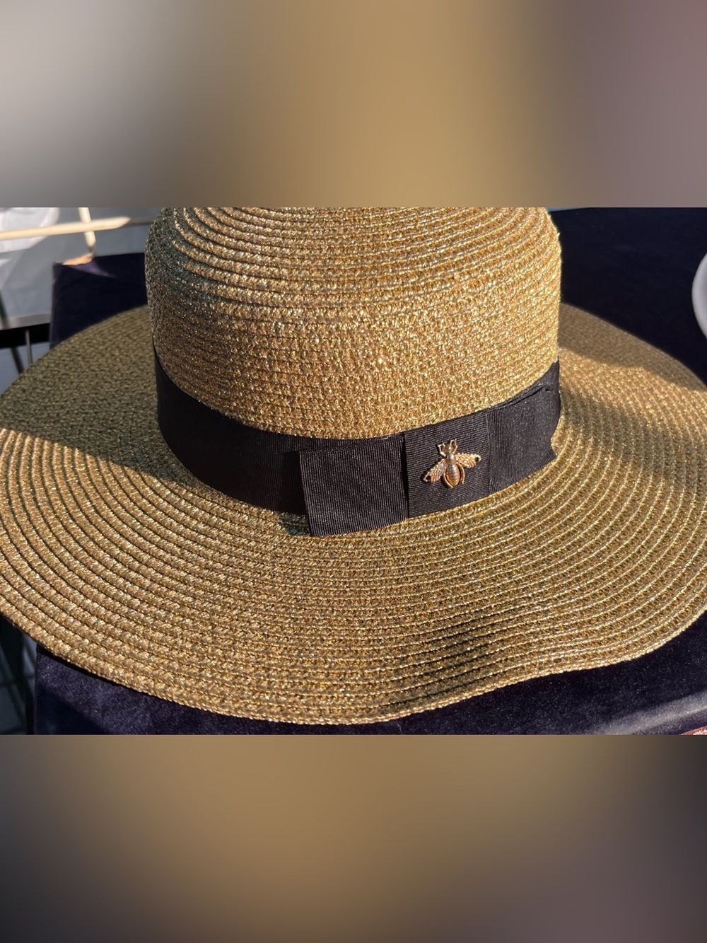 Gold Straw Sun Hat with Black Ribbon and Bee Accent